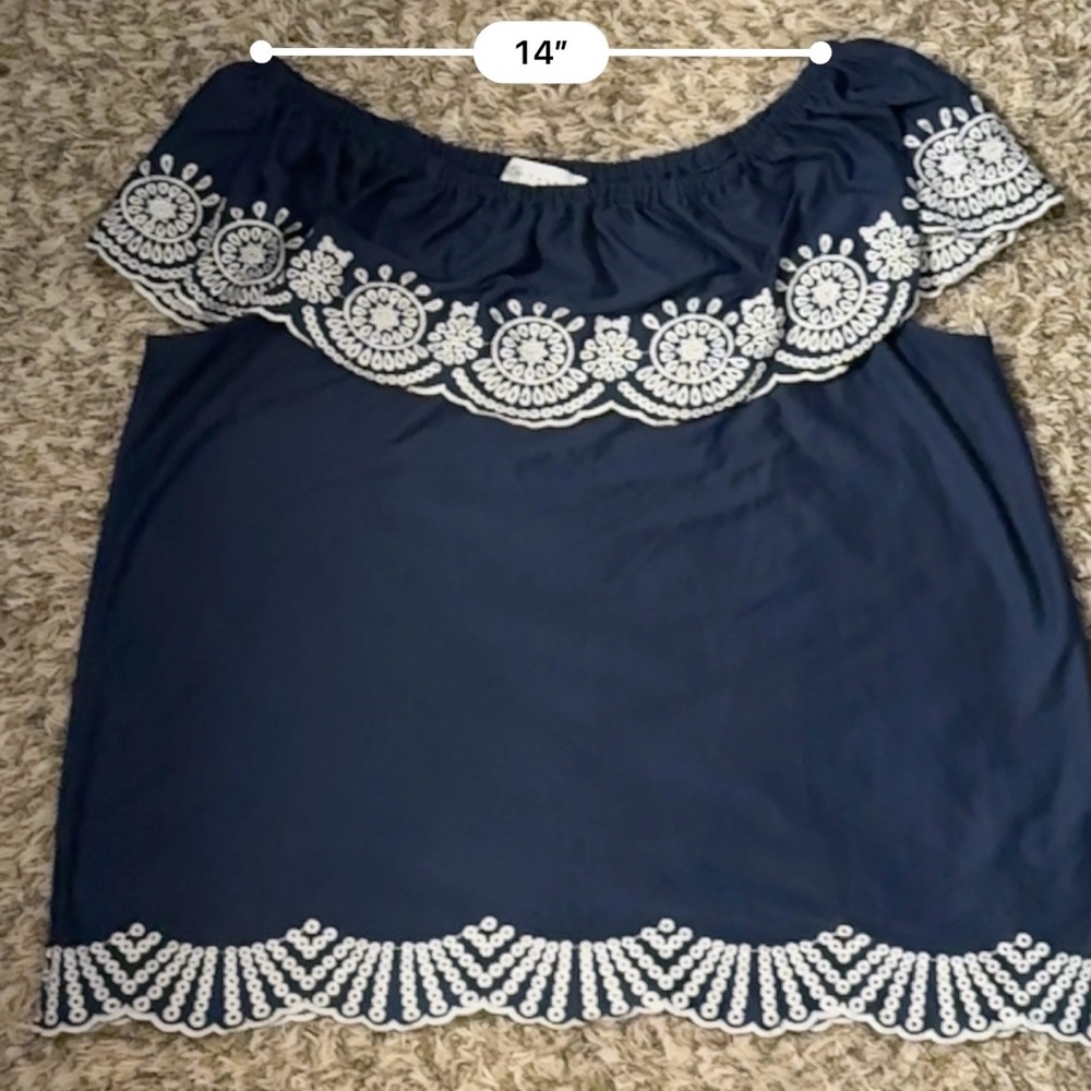 Fever Navy Blue Off-Shoulder Blouse with White Embroidery - Picture 5 of 6